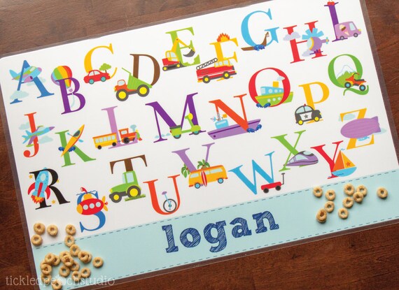Transportation Alphabet Personalized Placemat for Boy - laminated, double-sided - Custom Kids / Childrens Placemat Il_570xn
