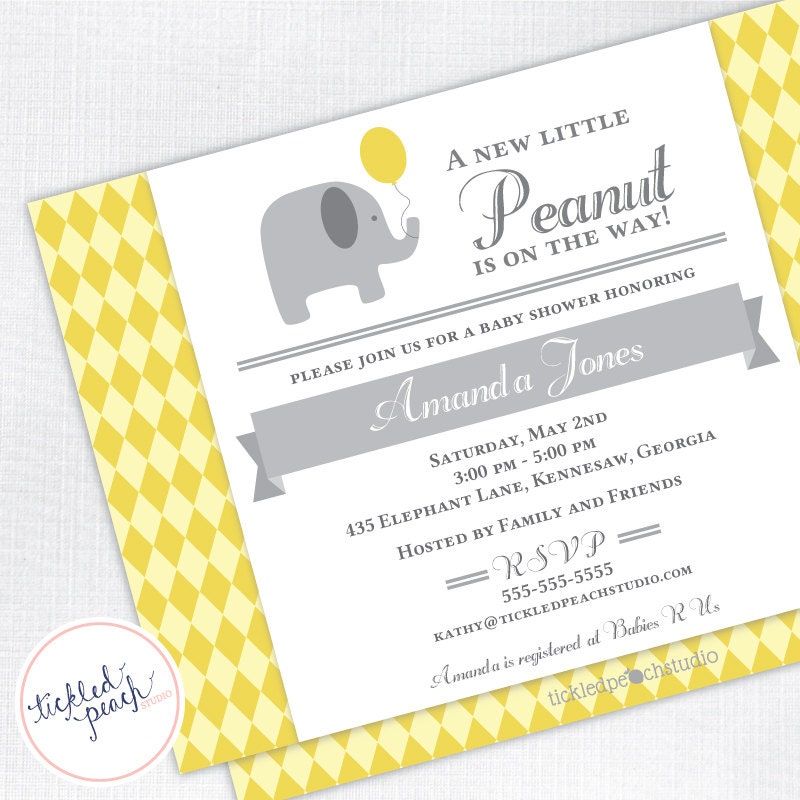 Modern Elephant Baby Shower Invitation - yellow, diamonds - Custom Baby Shower Invite Il_570xn