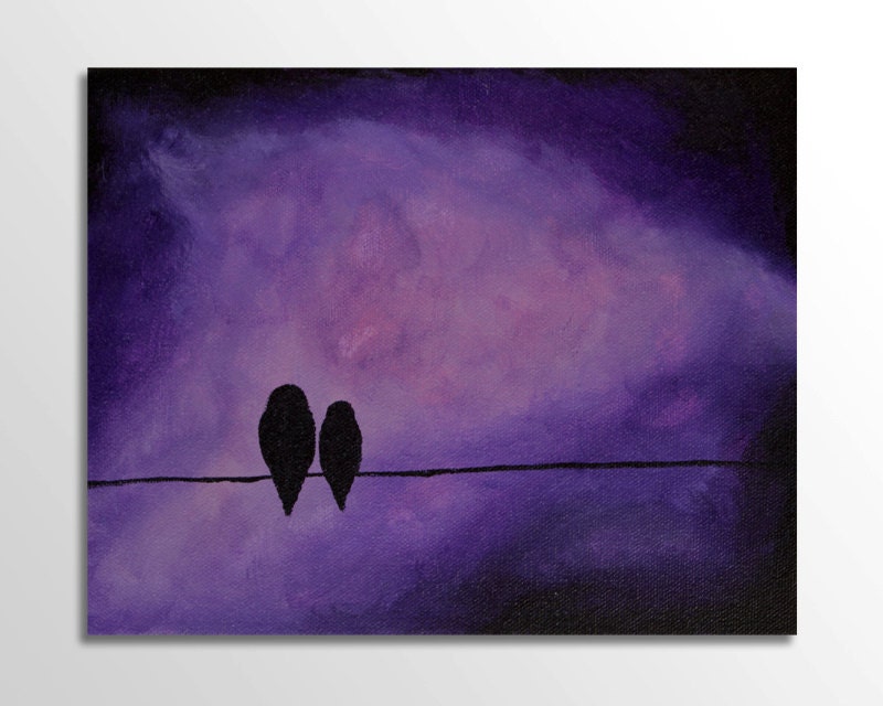 Birds on a Wire 8x10 Original Painting, Bird Art, Bird Painting, Silhouette, Purple & Black, Nature Decor, Wall Art