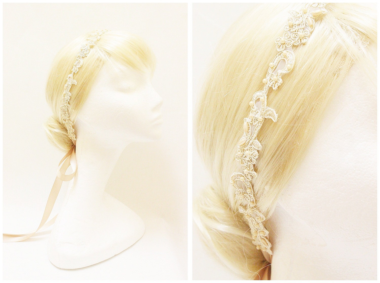 Skinny Gold Flower and Pearl Beading  Lace with Champagne Ribbon HeadBand / Skinny Lace Sash, Bridal Sash, Bridesmaid Sash