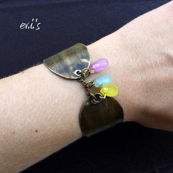 Handcrafted Hand Cut Natural Oxidized Brass Double Paisley Rustic Artisan Metalwork Bracelet with Blue Yellow Lila Jade Beads Gift for Her