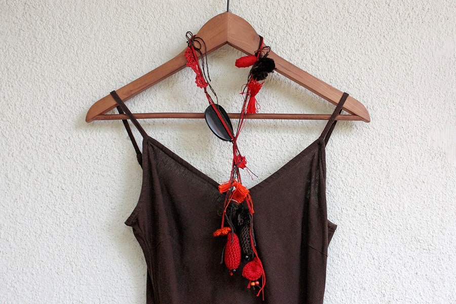 Lariat fiber necklace, red orange brown, OOAK