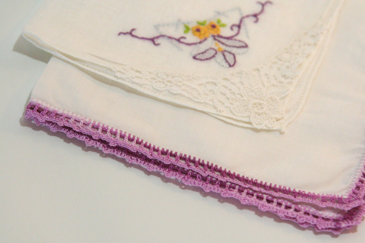 Vintage Set of 6 Six Shades of LAVENDER LILAC PURPLE Hankie collection half dozen for your tea party Napkins shower party favors