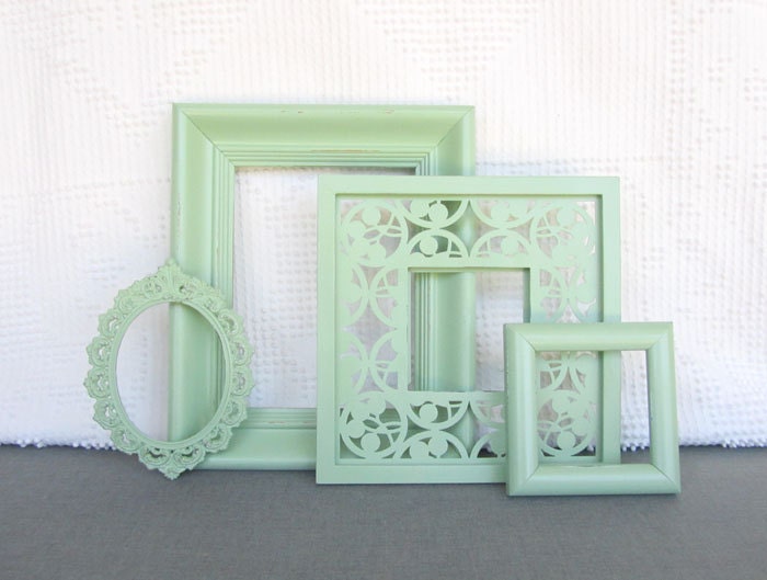 Pistachio Mint Ornate Frames set of 4- Upcycled Painted OPEN frames Mint Nursery Mint Coral Peach Home Decor Beach Cottage Coastal