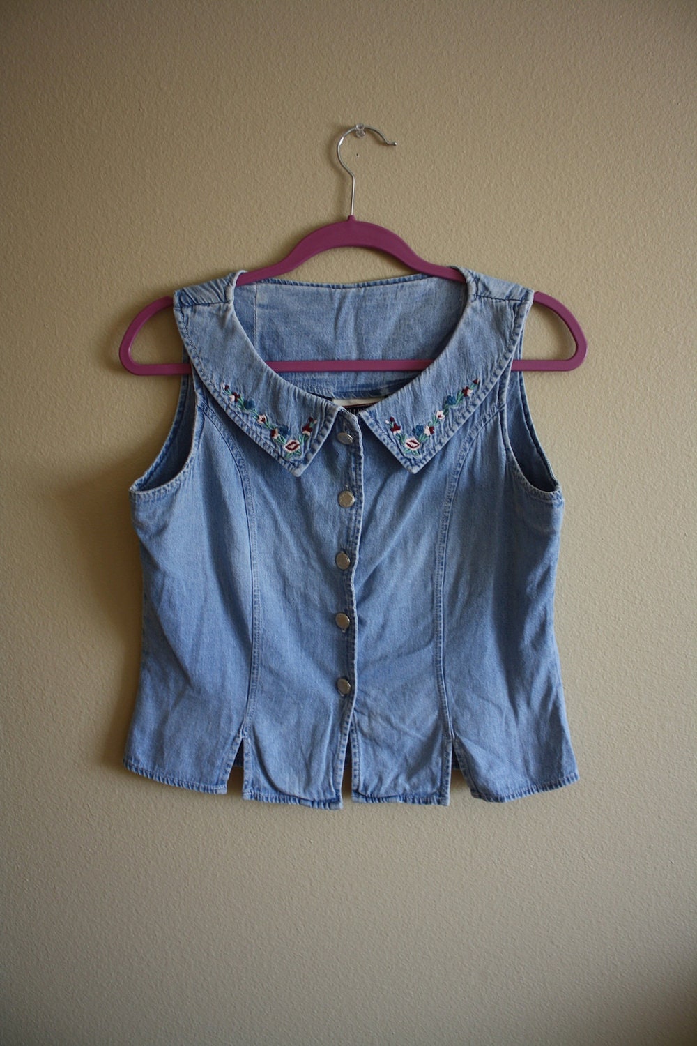 Vintage 1990s Floral Collar Denim Cropped Vest Tank Top Sz. S/M