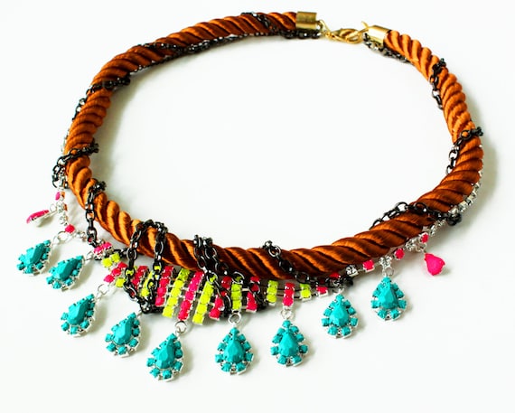 Kershie, Chunky Neon Necklace, tribal necklace, raw ropes with chains and hand painted rhinestones. OOAK