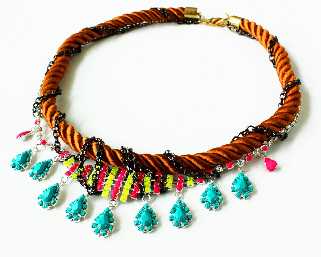 Kershie, Chunky Neon Necklace, tribal necklace, raw ropes with chains and hand painted rhinestones. OOAK