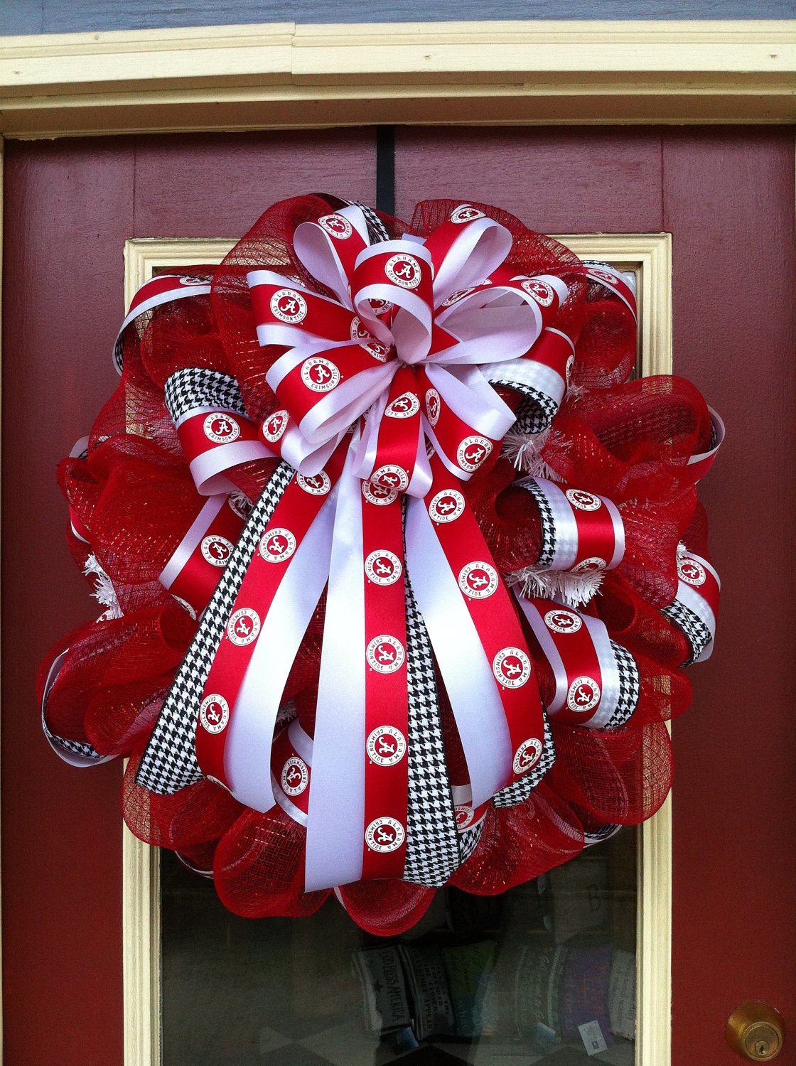 University of Alabama Crimson Tide Red and White Poly Deco Mesh Large 26-inch Door Decor Wreath with Licensed Collegiate Team Ribbon