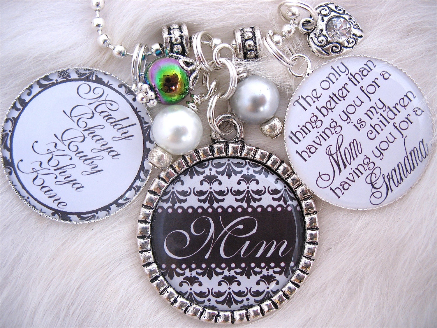 MOTHER GIFT Black & White personalized Silver Bottle cap Grandmother Jewelry Inspirational Quote Family Necklace Children's Names Keychain