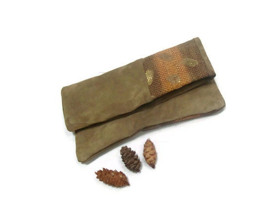 Taupe Natural Suede and Python Fold Over Clutch