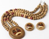 80s Vintage Necklace Earring Set Wood Beads Wood Inlay Geometric Circle Medallion