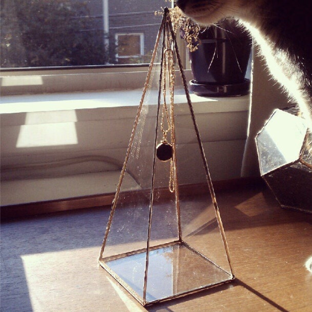 Pyramid Necklace Display Box - tall glass pyramid - jewelry box with hook - silver or copper - eco friendly