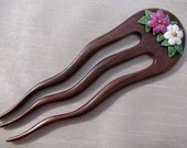 Handcarved rose wood and polymer clay hair fork "purple haze"