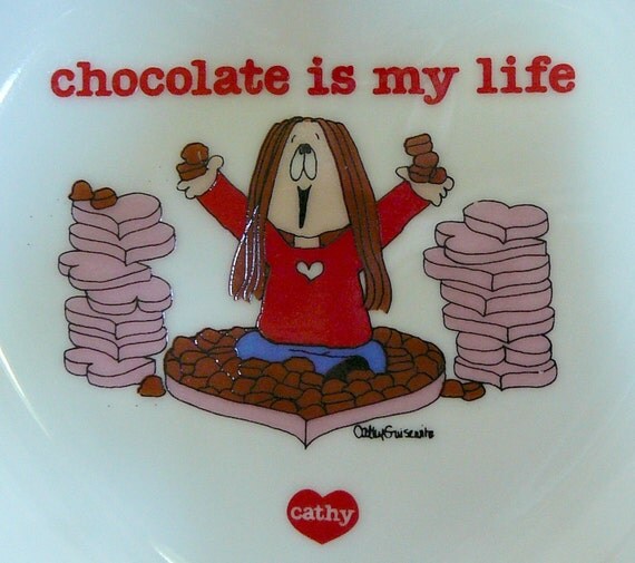 SALE 1983 "Chocolate Is My Life" Cathy Comic Cartoon Heart Plate- Collectible Porcelain Made in Japan Trinket Dish Valentine Valentine's