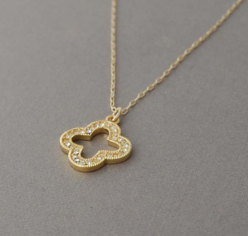 Gold Crystal Top Hanging Quartrefoil Clover Necklace