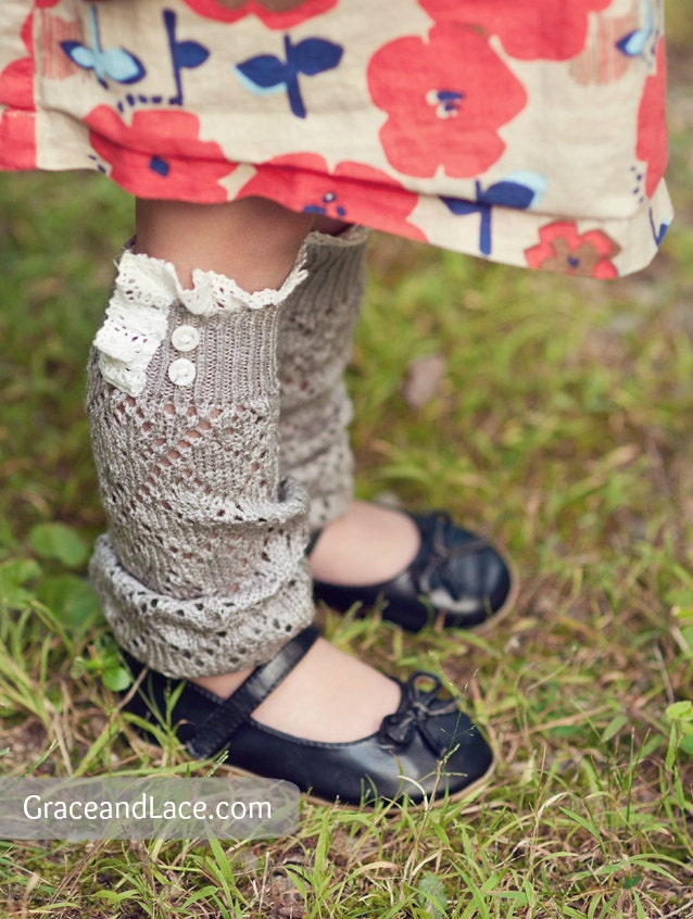 SALE Lil Lacey Lou- light grey: Girls lacey openknit leg warmers knit lace trim& buttons- legwarmers baby legs lil lacies (item no. G3-13)