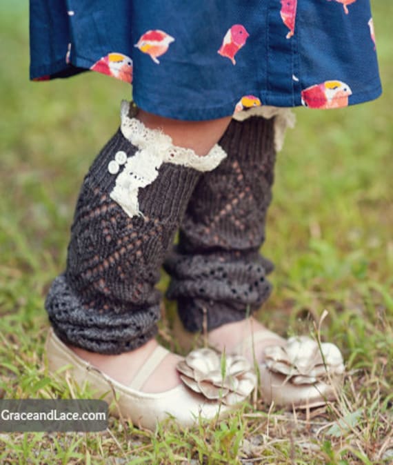 SALE Lil Lacey Lou - Graphite: Girls open-knit girls leg warmers w/ ivory knit lace & 2 buttons - legwarmers baby legs (item no. G-3-23)