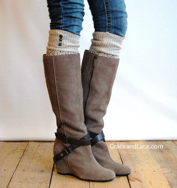 SALE SALE LouLou - Natural: Open-work Leg warmers with Rubbed Bronze Metal Buttons - Legwarmers boot socks (item no. 9-14)