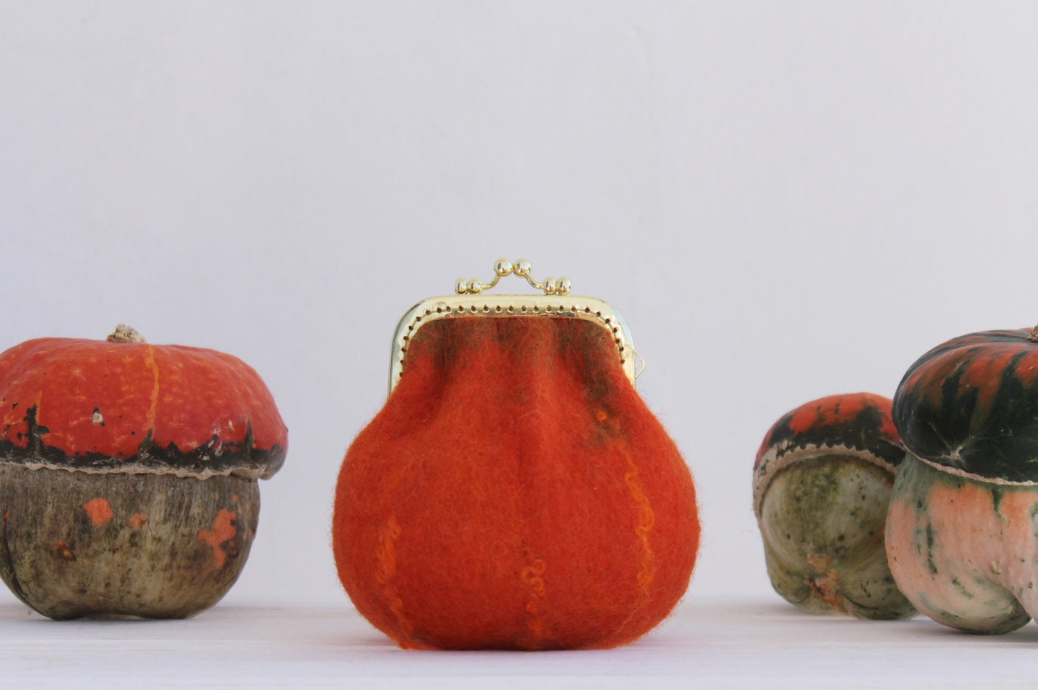 Little pumpkin, hand felted purse for cosmetics, Iphone, or money