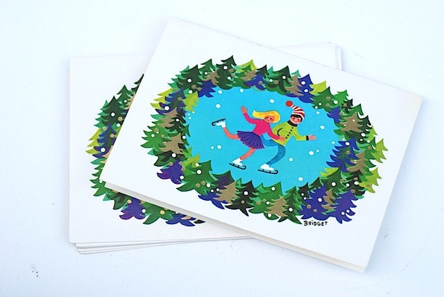 Mid Century Christmas Card, Fun Holiday Christmas Card, Paper Cards, Merry Christmas Card, Under 10, Retro Card, Ice Skating Christmas Card,
