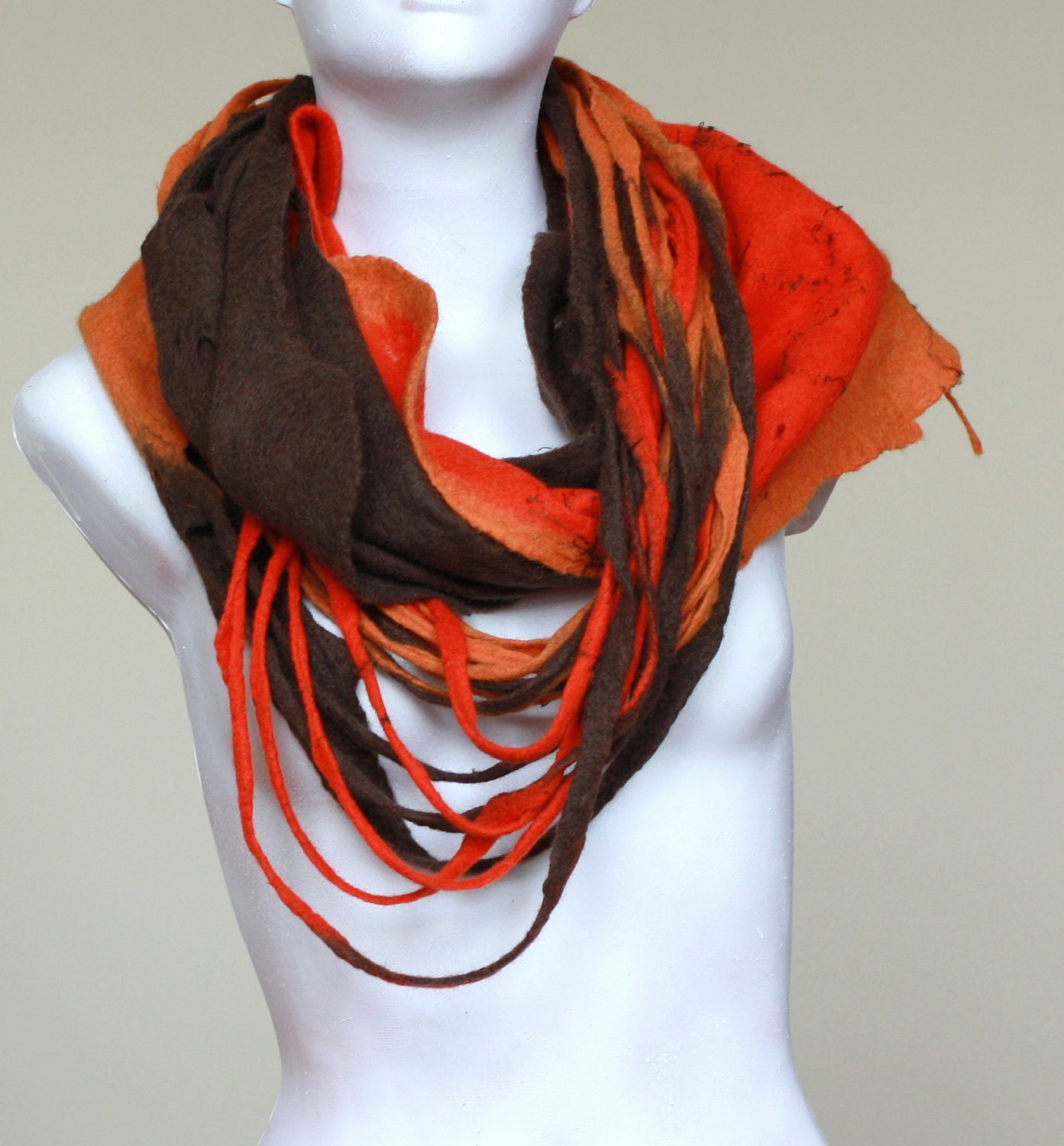 Women infinity scarf - Cobweb felted wool Circle scarf - necklace / red orange brown