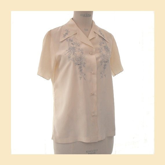 Vintage 1970s silk blouse in ivory with pale silver embroidery, bust 36 inches, UK size 12