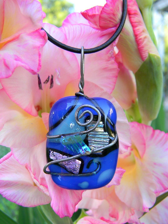 Ocean Blue Confetti Fused Glass Dichroic Wire Wrap Pendant - pink navy tuquoise abstract unique birthday gift jewelry bling