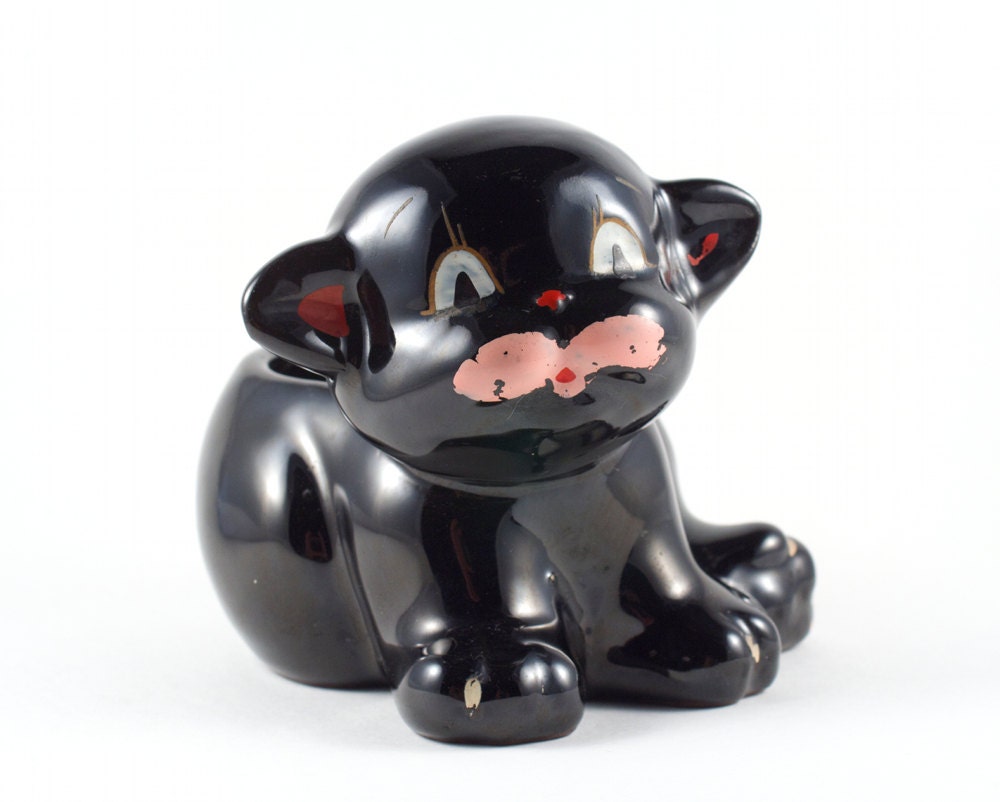 Vintage Kitsch Black Cat Planter Retro Cute Animal Ceramic / 50s 60s