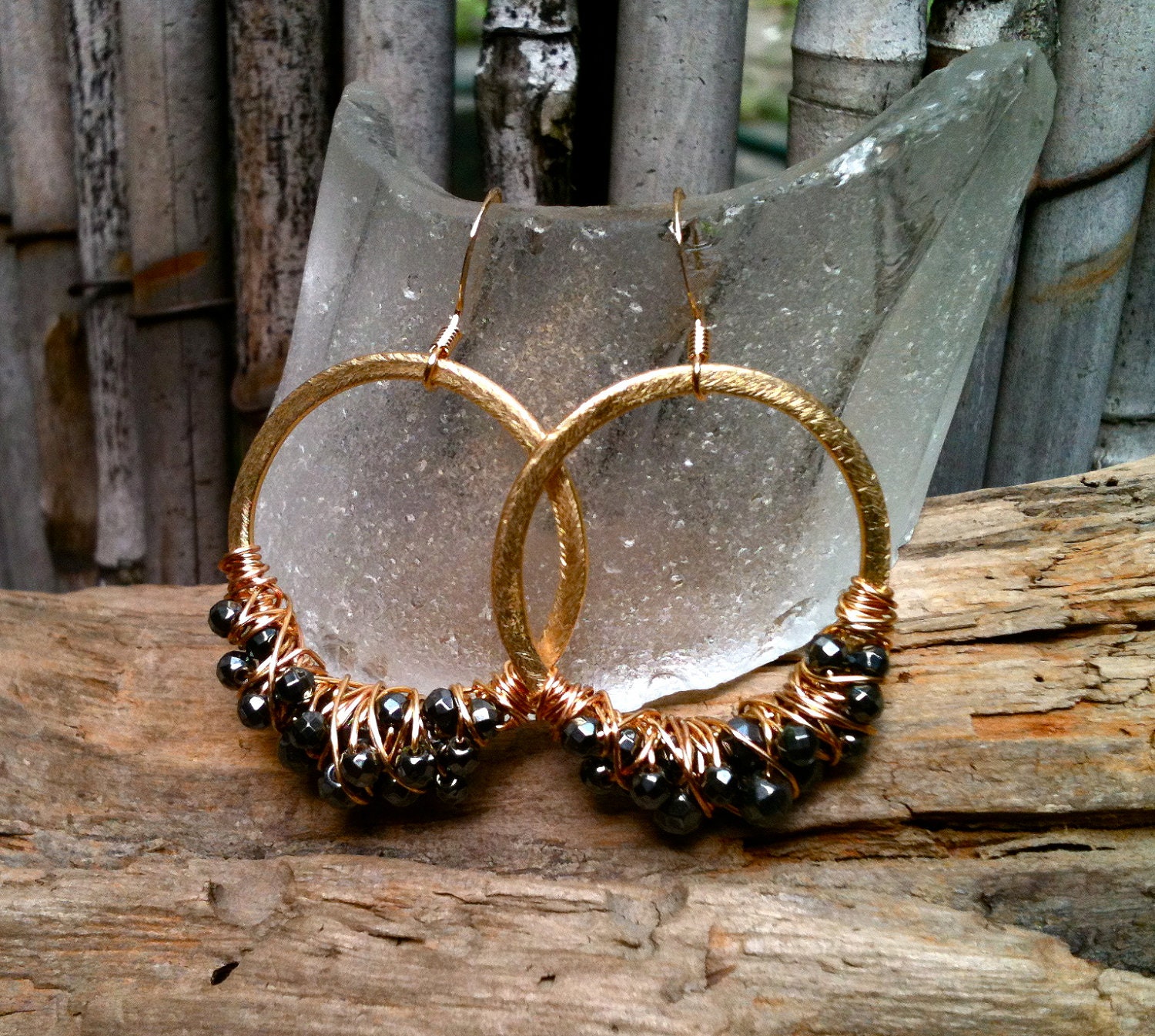 Robyn Earrings / Wire Wrapped Hoops & Hematite