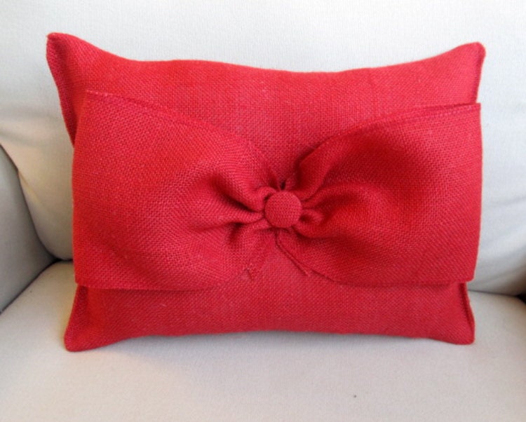 RED Burlap Accent Pillow with giant burlap bow