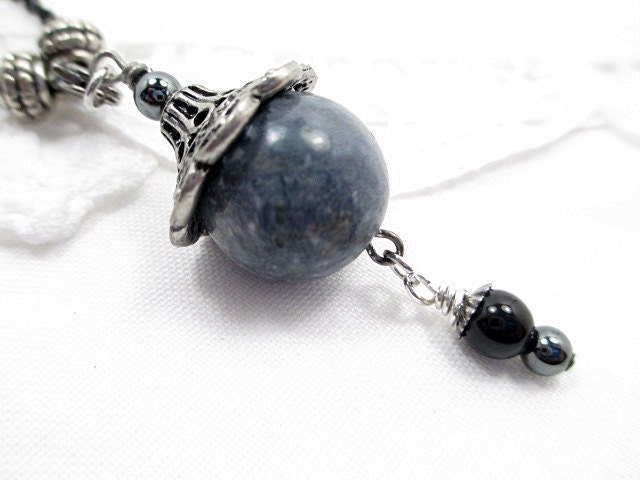 Silver Coral Bead Lariat Necklace Handmade Beaded Jewelry Black White Gun Metal Statement Victorian Bohemian Upcycled Romantic
