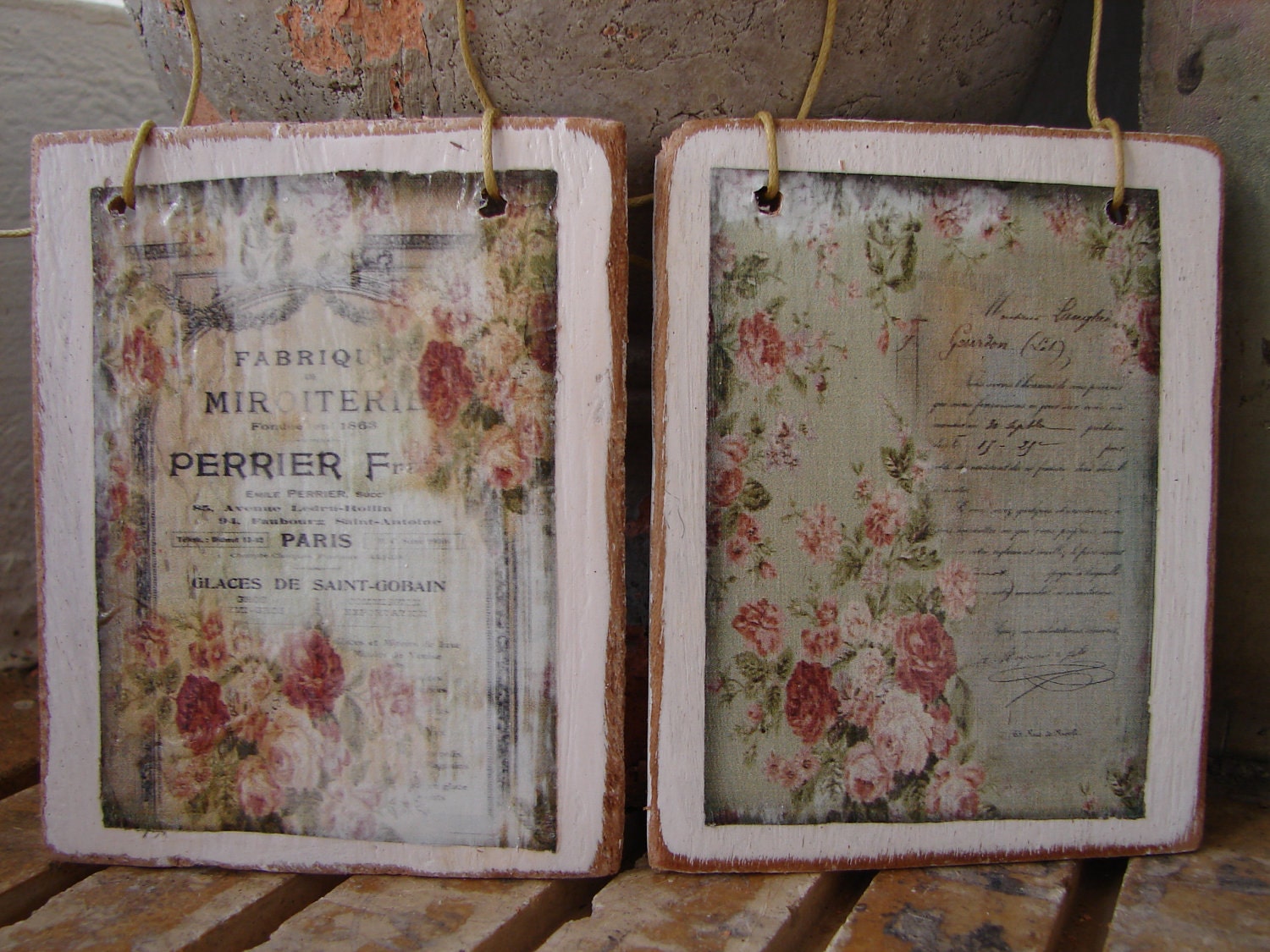 Set of two French shabby chic,vintage advertising style,wooden decorative hanging tags/door hangers-