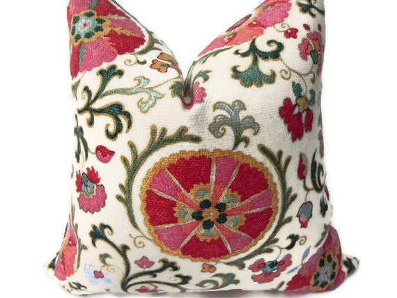 Suzani Jewel-20"X20"-Both Sides-P Kaufmann Home Decor Fabric-Pink-Red-Green-Accent Pillow-Living Room Pillow-Throw Pillow-Toss Pillow