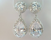 Bridal Earrings - Kim Kardashian Inspired - White Clear Teardrop Cubic Zirconia Round Post Earrings