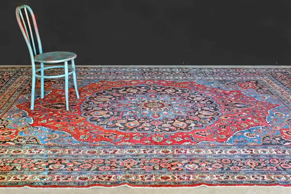 Worn Antique Persian Mashad  Rug. c1880. 12'6" x 9"