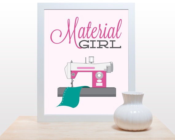Sewing Craft Print Material Girl- 11x14 Poster art retro sewing craft room wall decor fabric cloth sewing machine