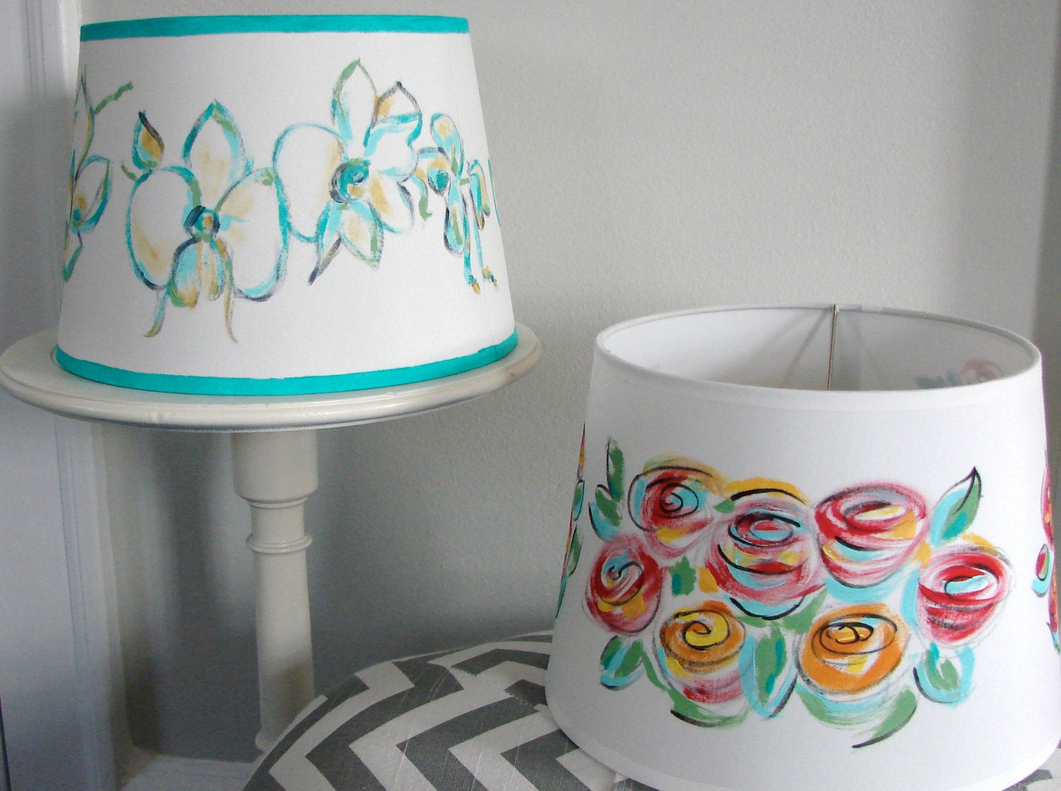Custom Order Hand Painted Lamp Shades Floral Kid's Holiday Drum Shades by Mary Gaspar
