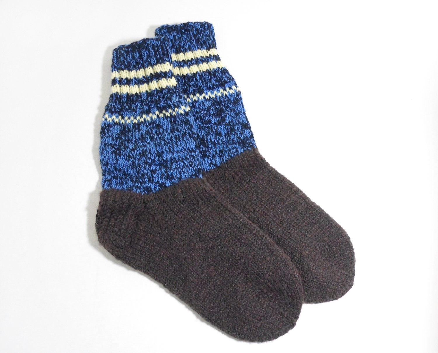 Hand Knitted Wool Socks - Blue and Brown, Size Large