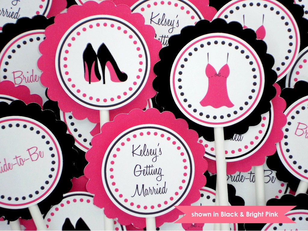 Bachelorette Cupcake Toppers - Personalized Lingerie & Heels Themed Party Decorations - Black and Bright Pink - Colors Customizable Il_570xn