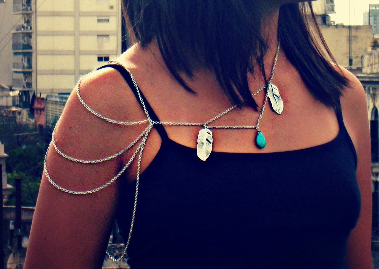 silver feather body chain, tribal necklace, turquoise necklace, feather necklace, bird necklace