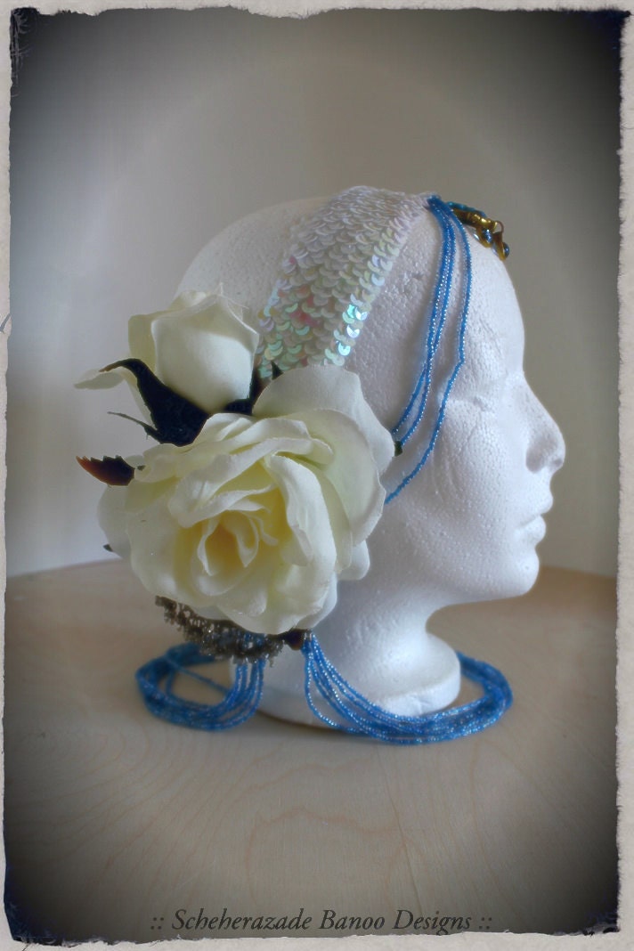 Double Cream White red rose tribal belly dance, festival wear, burlesque head ornament with blue beads