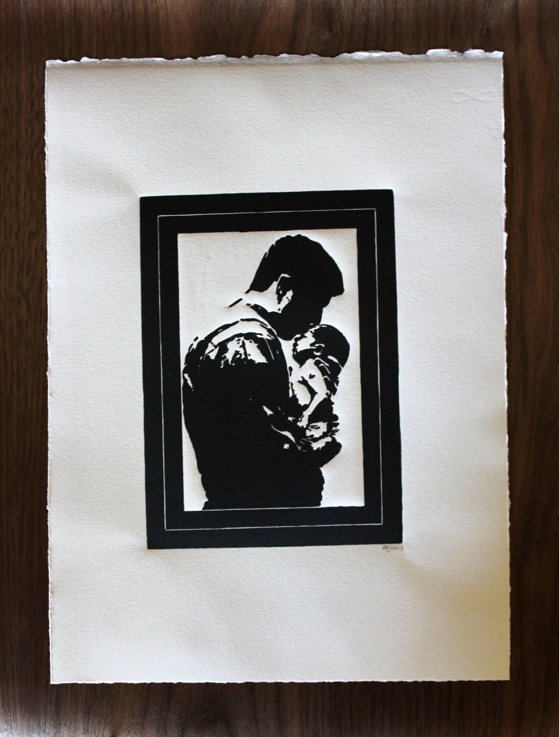5" x 7" Linocut -- Father and Child