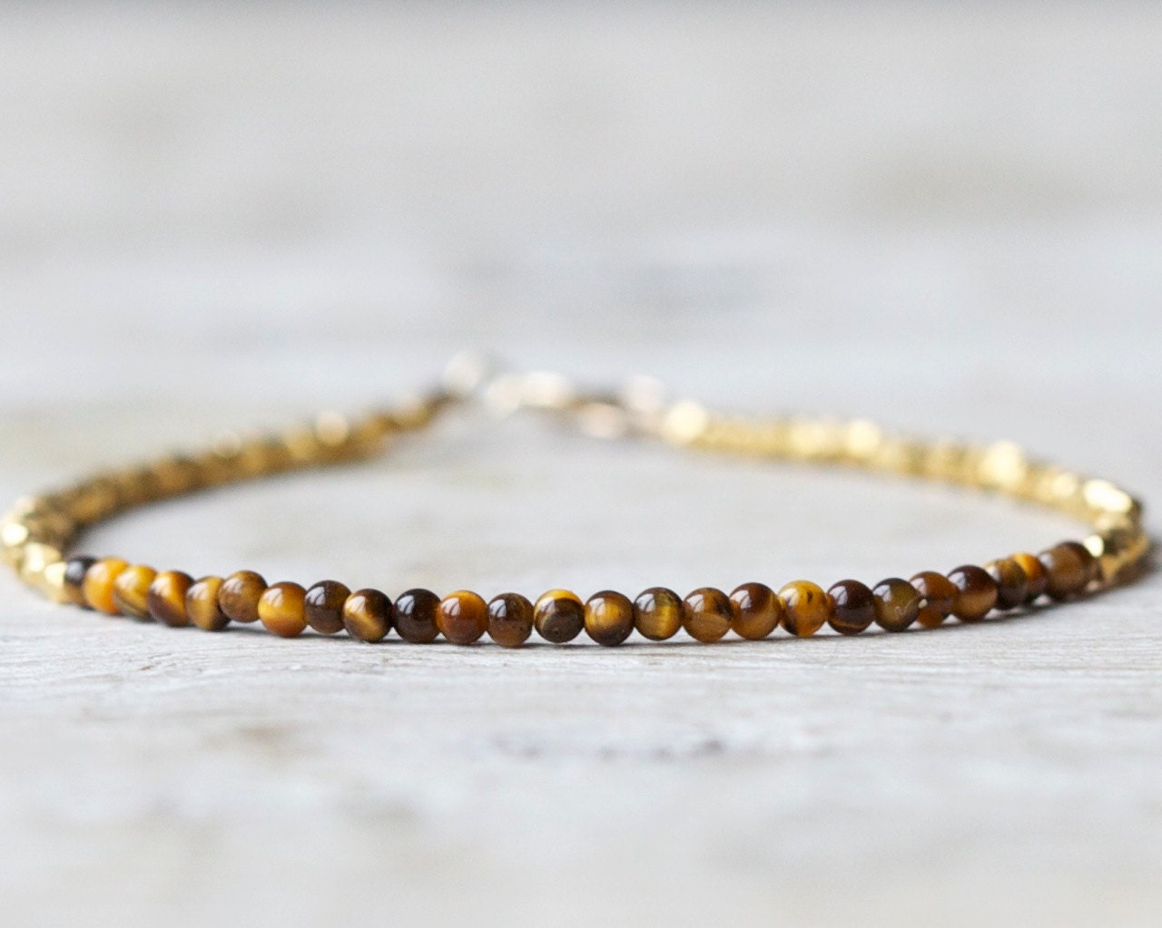 Tiger eye beaded bracelet: Gold tiny beads thin bracelet