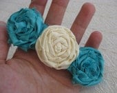 Fabric Rosette Turqouise Blue and Cream Barrette Hair Clip