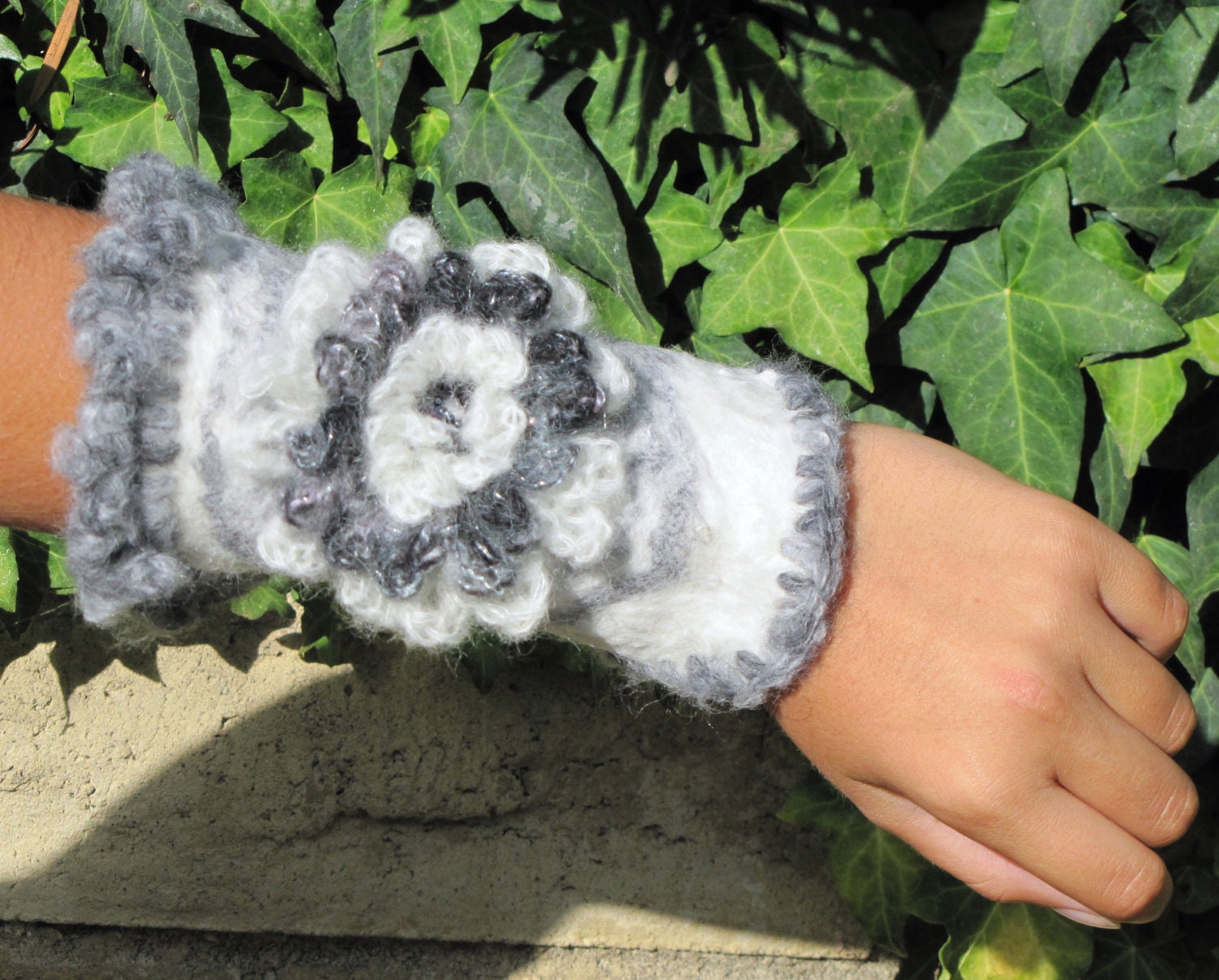 Felted Cuff White Grey Bracelet Crochet Felt Fashion Modern Accessory Flower Fiber Art Sale