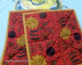 Modern Floral Potholders, Autumn Hot Pads, Quilted Potholders, rust, brown gold