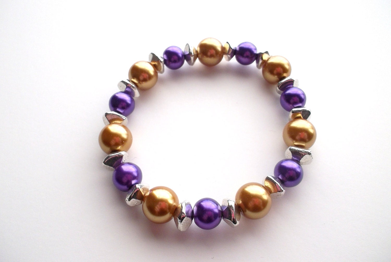 Purple and Gold Pearl Stretch Bracelet Silver Accents LSU