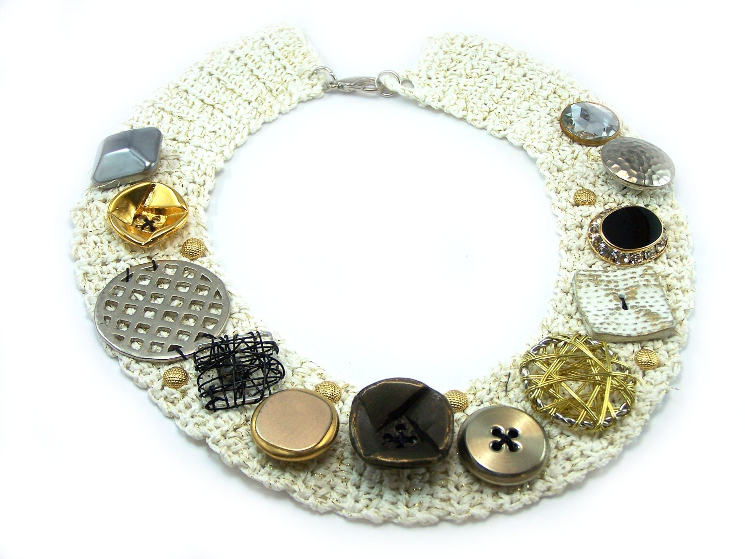 SALE vintage fashion Handmade necklace collar with crochet lurex and buttons studs gold silver