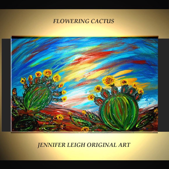 Original Large Abstract Painting Modern Contemporary Canvas Art Flowering Cactus Blue Yellow 36x24 Palette Knife Texture Oil J.LEIGH