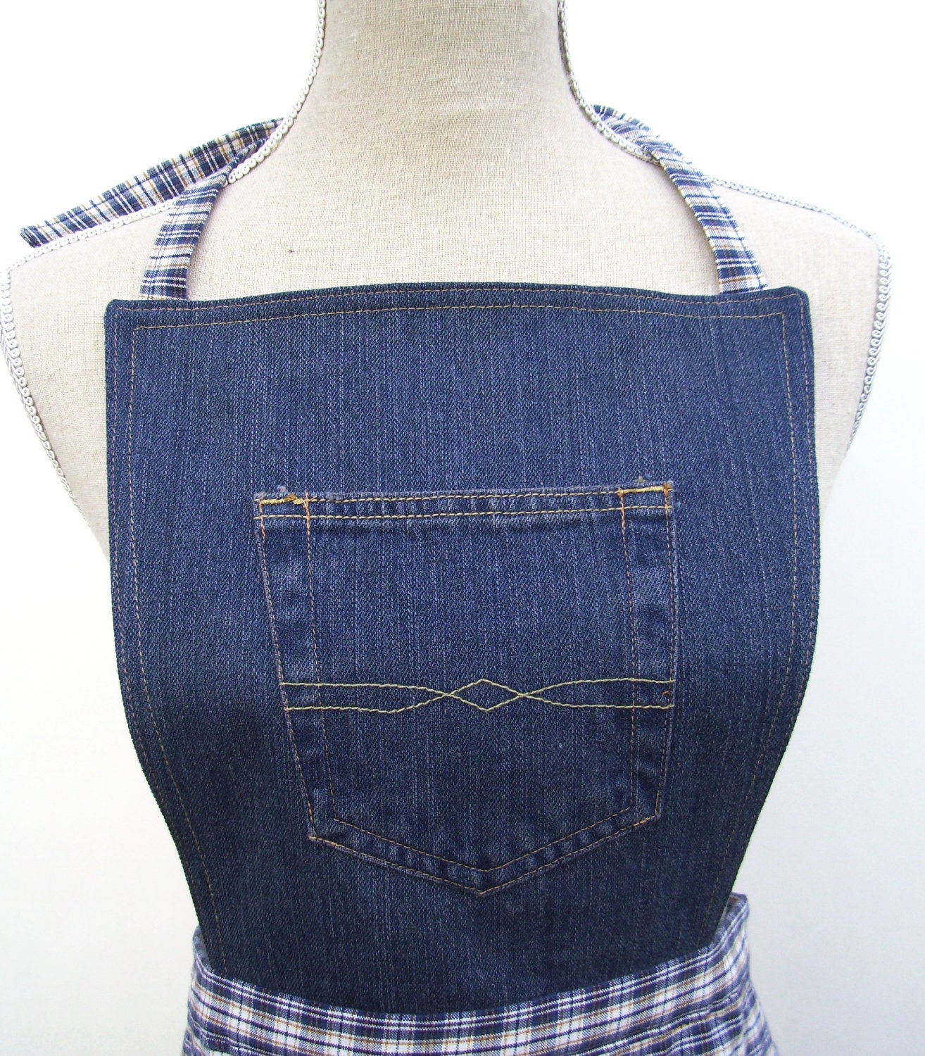 Upcycled Womens' Kitchen Apron Made with Denim Blue Jeans & Man's Plaid Dress Shirt